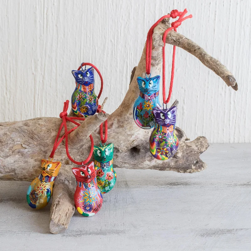 ---Festive Cats Festive Hand Painted Ceramic Cat Ornaments (Set of 6)