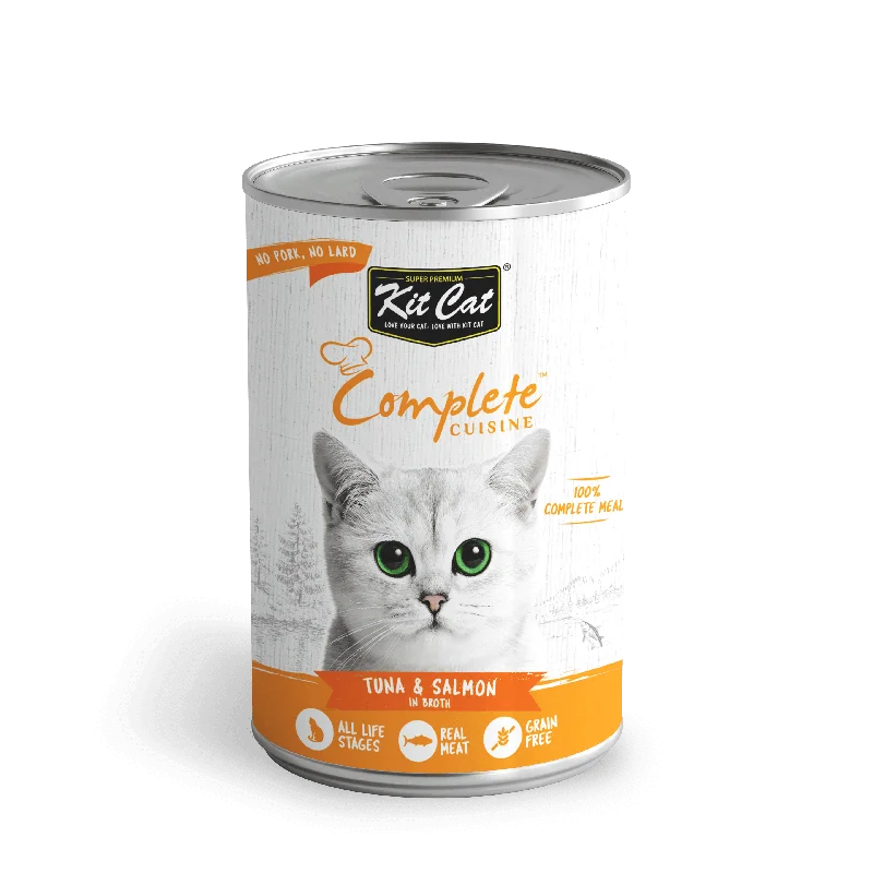    - Fish-based cat food  Kit Cat - Complete Cuisine - Tuna And Salmon in Broth (Wet Cat Food)